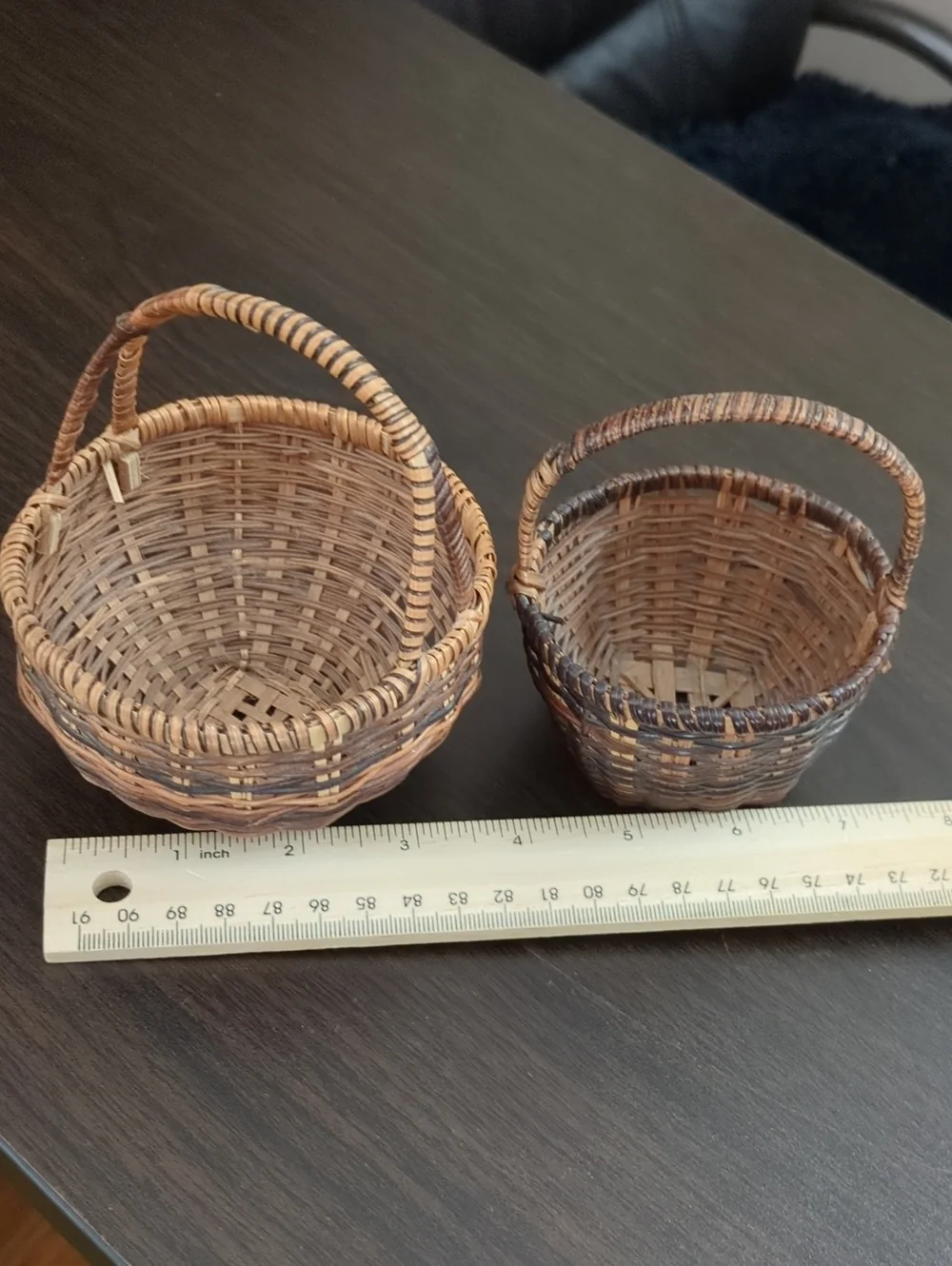 Mini Handwoven Brown Wicker Decorative Basket with Handle - Set of 2